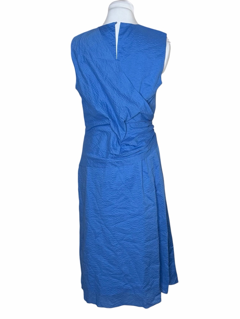 FRAME Ruched Sleeveless Cotton Midi Dress Size Medium Coastal Blue Draped Waist - Picture 5 of 11